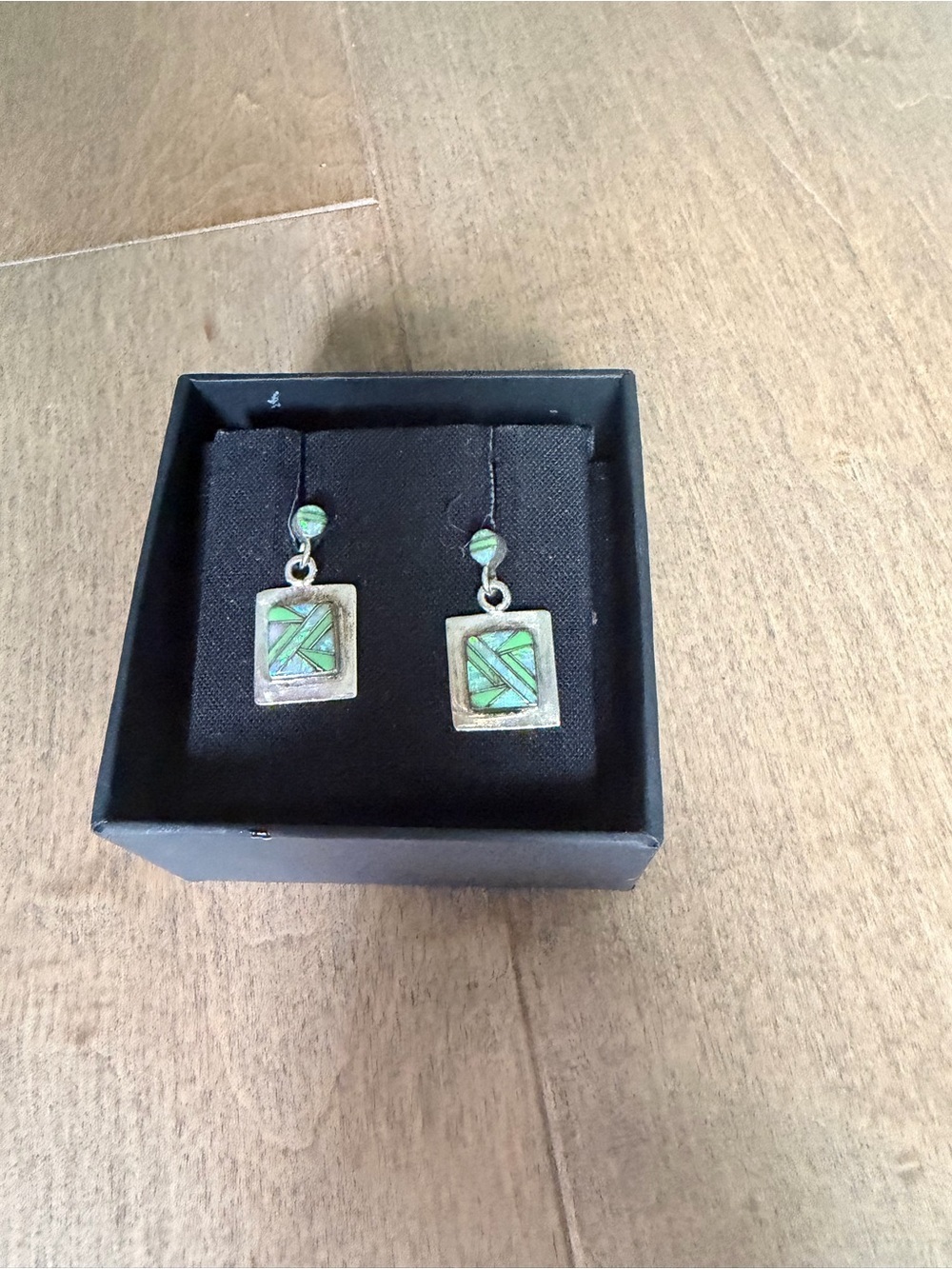 Vintage Zuni Turquoise Sterling Silver Inlay Square Drop Earrings